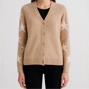 Magaschoni Tan Star Sleeve 100% Cashmere V Neck Button Front Cardigan